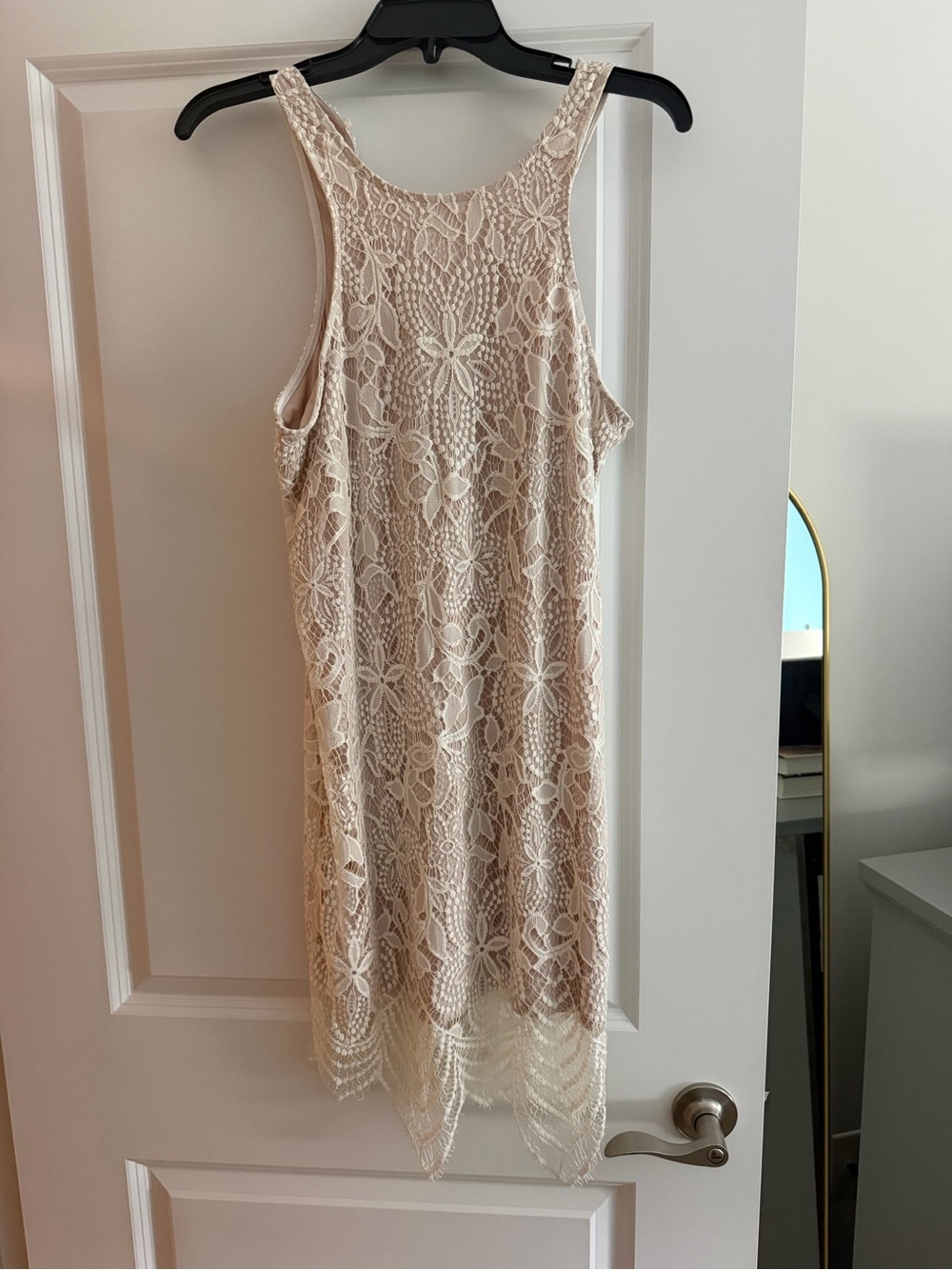 Express Cream Lace Mini Dress with Fringe Hem